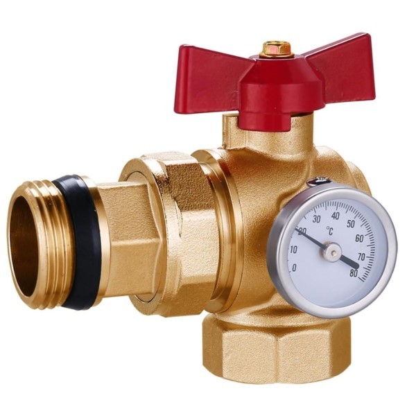 Absperrventil Heizkreisverteiler 1” Eckform rot Thermometer Verschraubung Hydroland