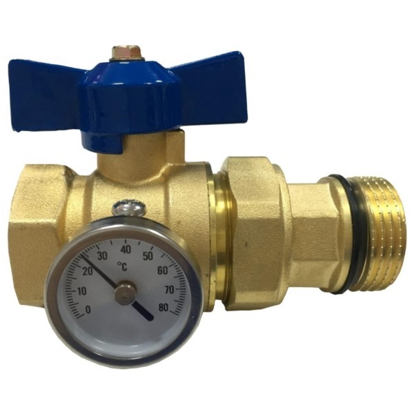 Absperrventil Heizkreisverteiler 1” gerade blau Thermometer Verschraubung Hydroland