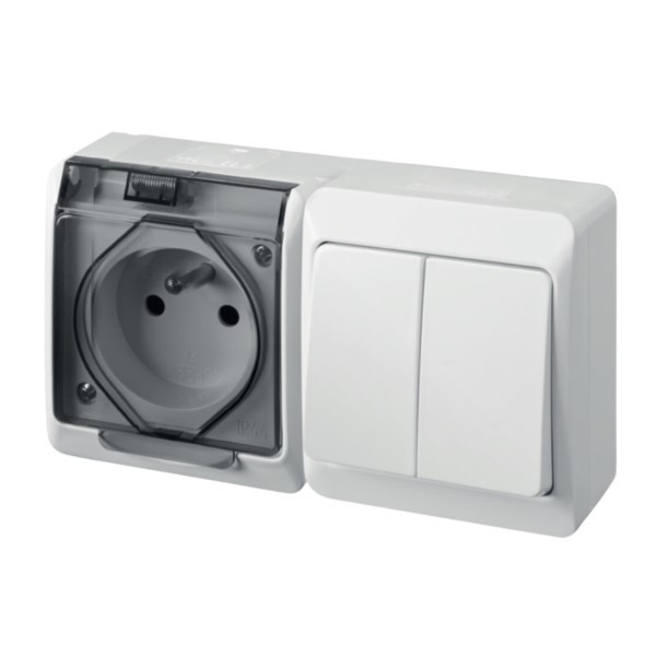Kombination Serienschalter Aufputz + Steckdose 1-Fach Hermes Weiß Klappe Typ E (CEE 7/5) IP44 Elektroplast 0327-13