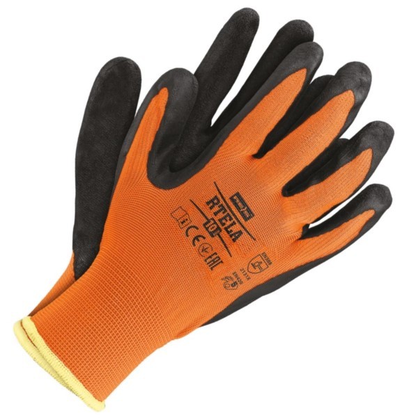 Schutzhandschuhe latexbeschichtet Reis RTELA PB Größe 10 orange-schwarz Pack 12St.